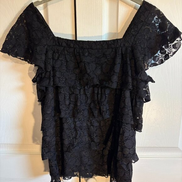 Apostrophe Womens Top Lace Ruffle Sz S Black Short - Picture 1 of 4